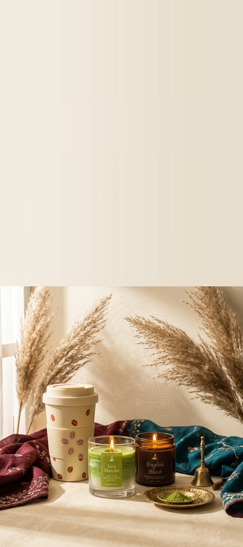 its saadgi bamboo tumbler and hand-poured candles styled on ivory linen