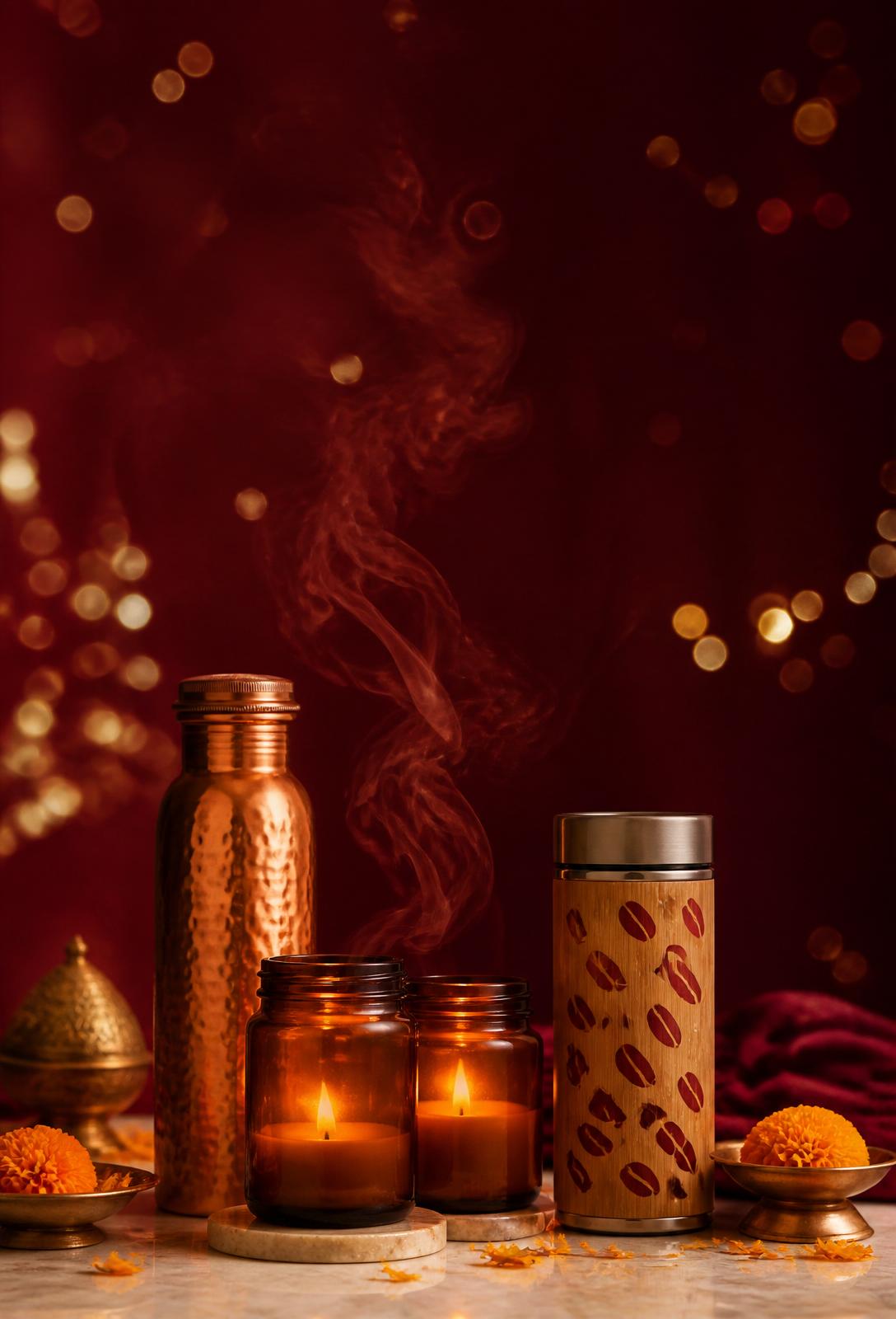 Copper bottle, amber candles and bamboo tumbler by its saadgi